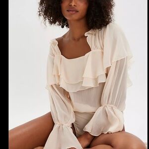 Free People Give Me Drama Ruffle Chiffon Boho Bodysuit Ivory S NWT